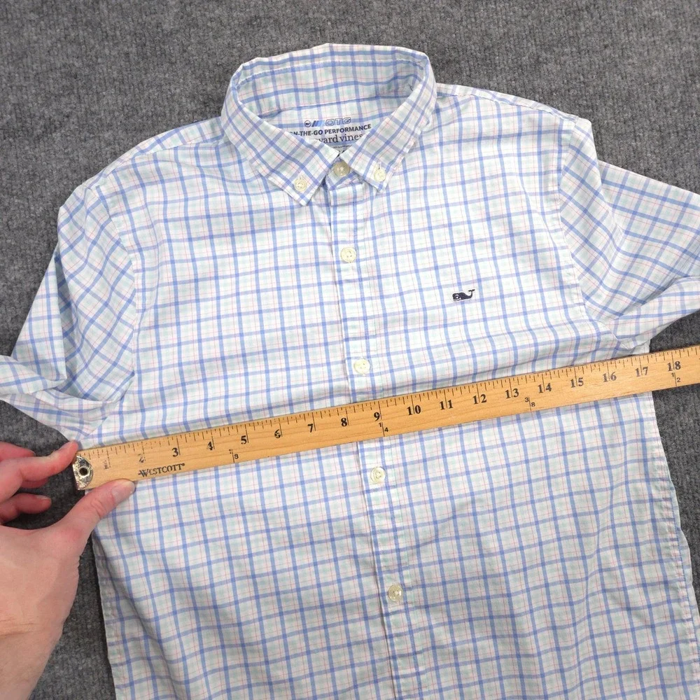 Vineyard Vines On The Go Performance Shirt Boys M 12-14 Blue Pink Plaid OTG